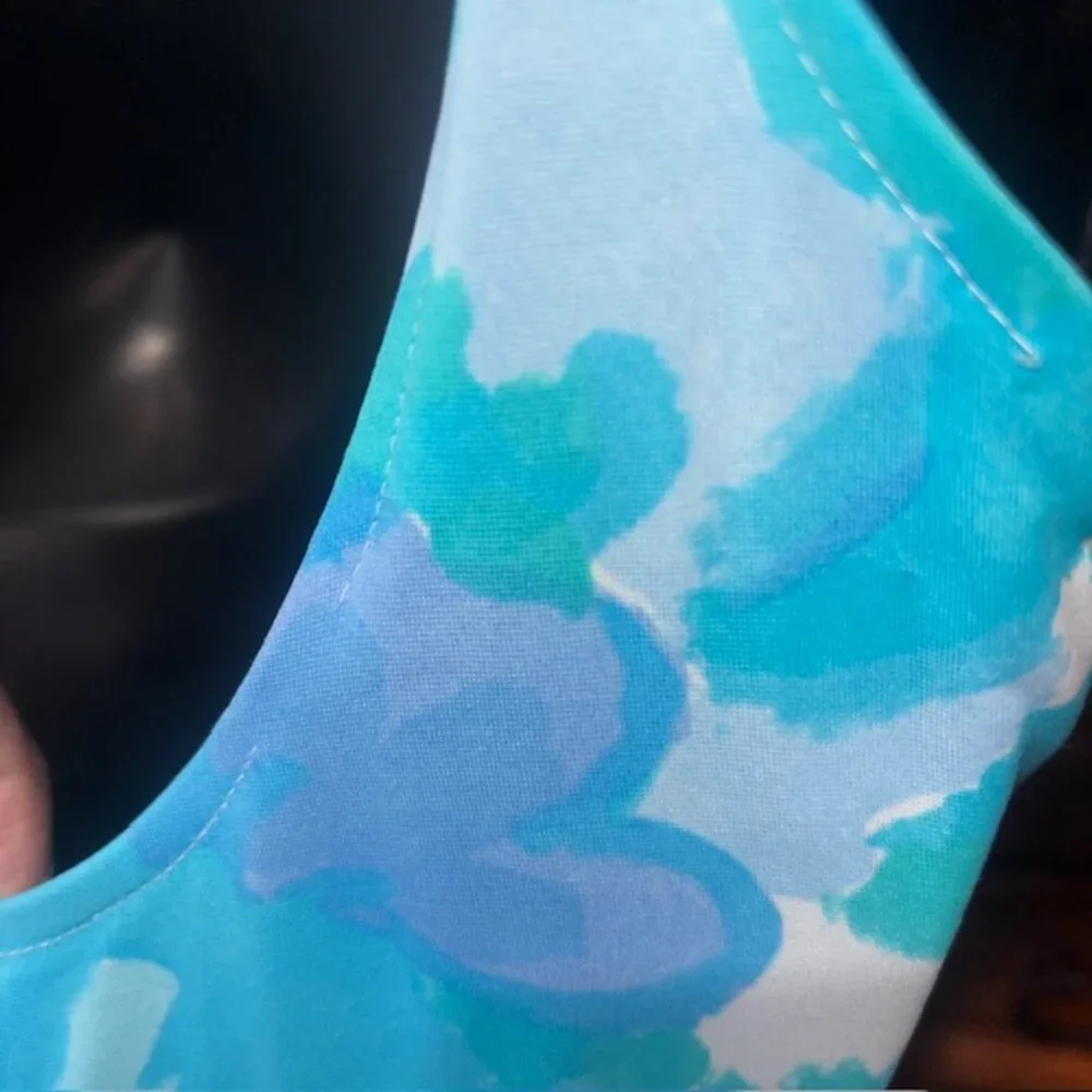 Sea Waves One Piece Swimdress Swimsuit Blue Floral Size 10 Retro Style